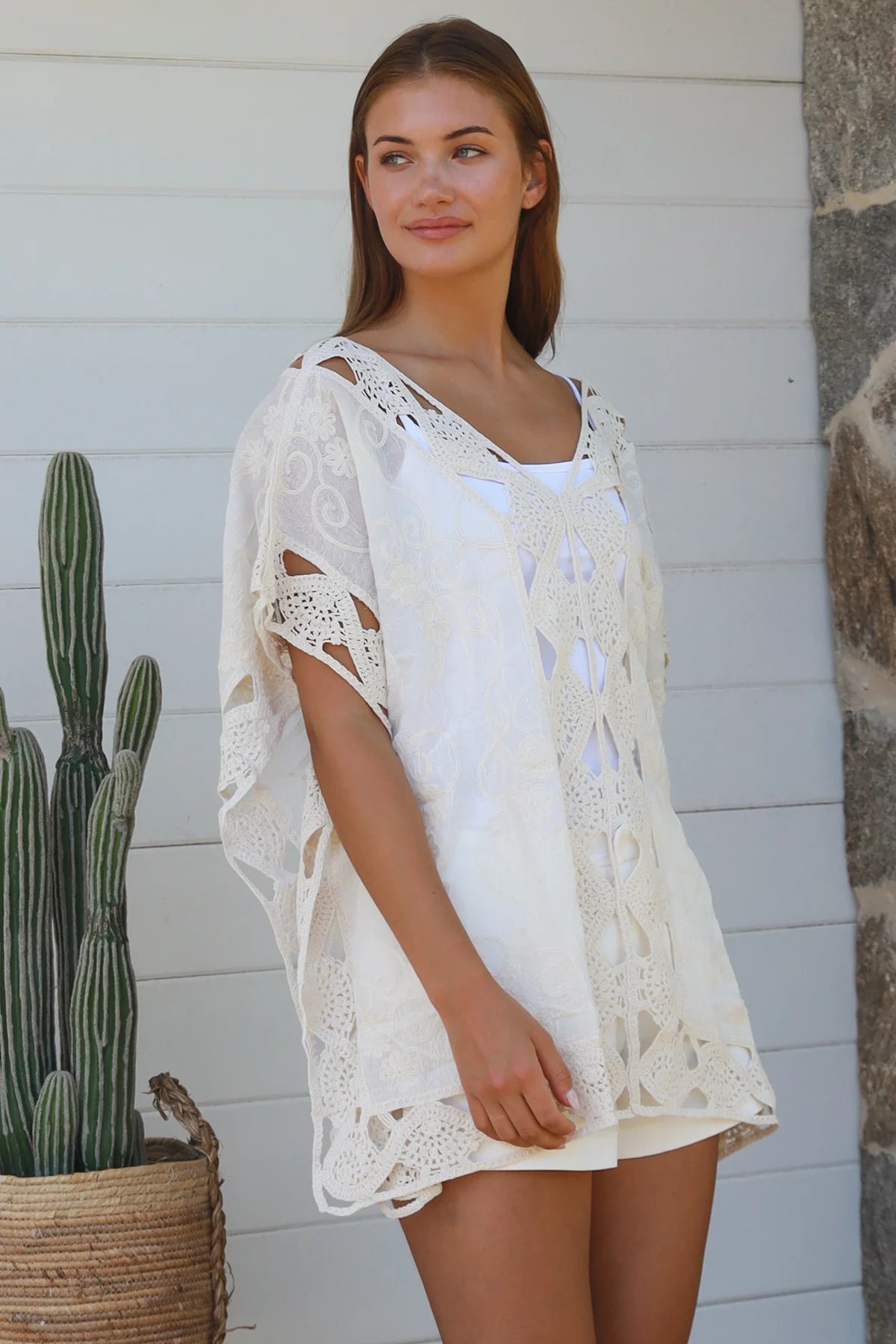 Cream crochet cotton top with embroidery scalloped hem Willow The Label boho clothing Australia