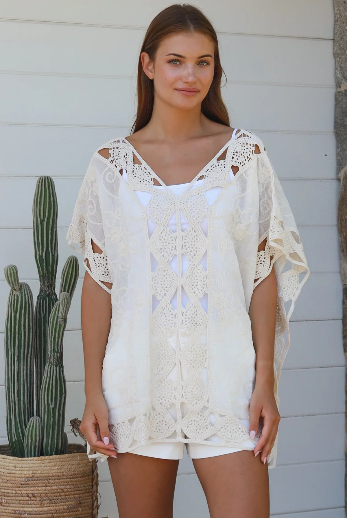 Cream crochet cotton top with embroidery scalloped hem Willow The Label boho clothing Australia