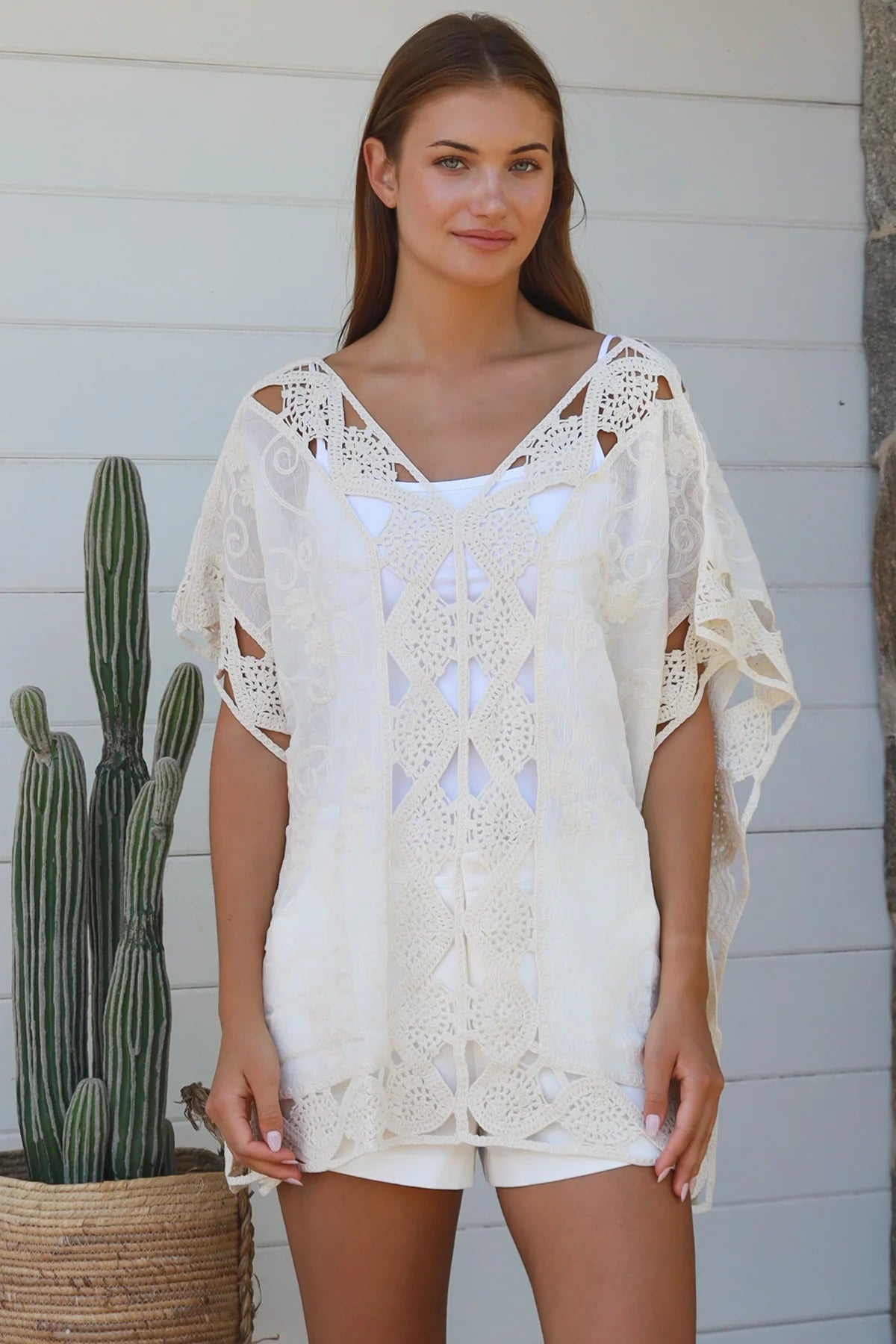 Cream crochet cotton top with embroidery scalloped hem Willow The Label boho clothing Australia