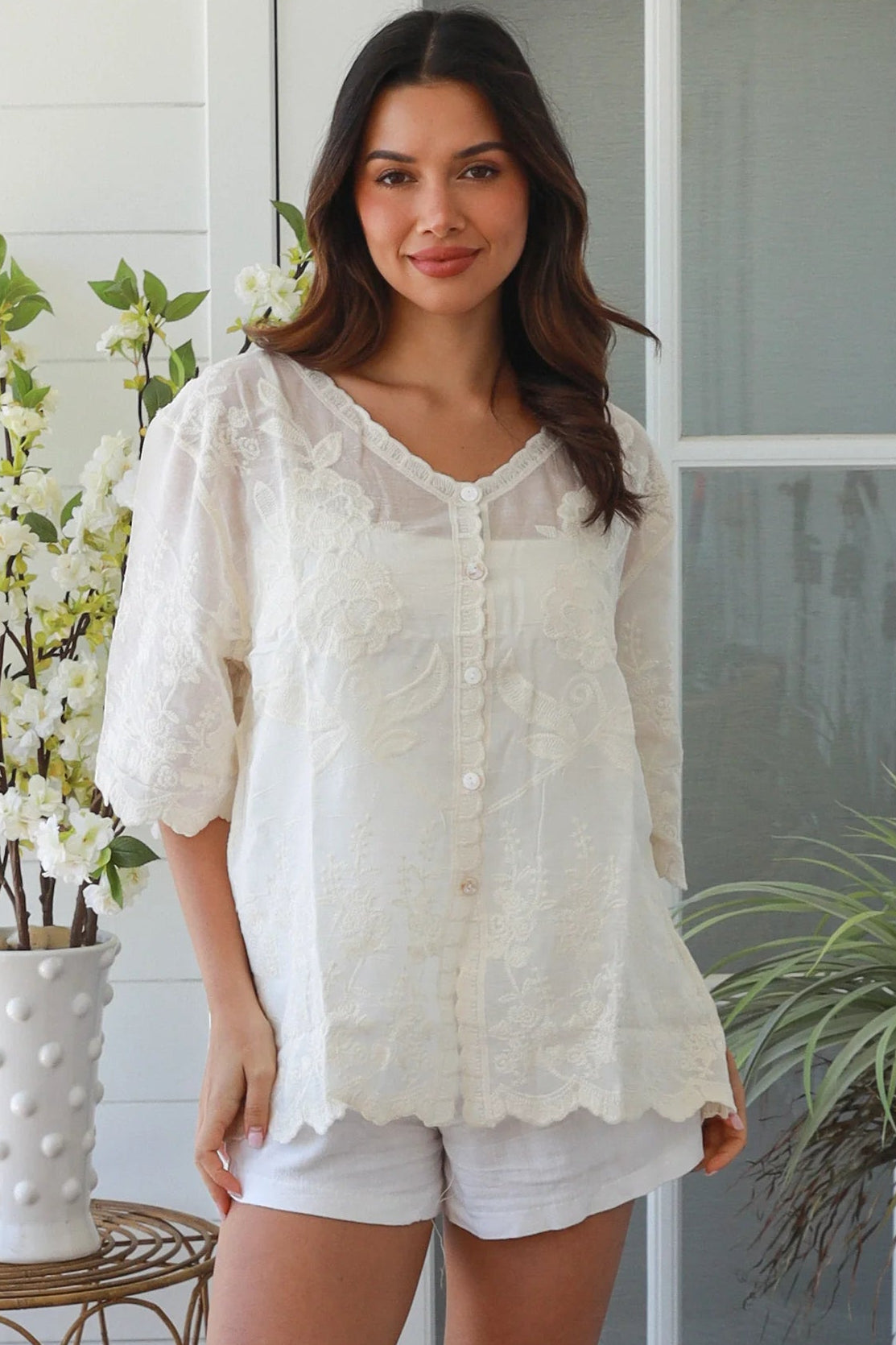 Madison embroidered cotton blouse cream with floral embroidery scalloped sleeves v-neck breathable bohemian top