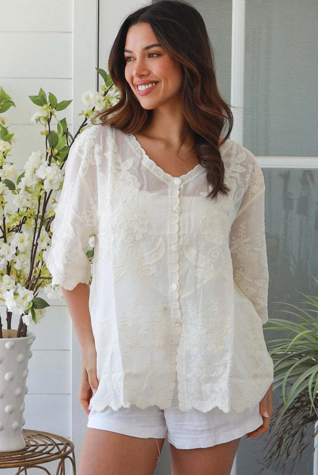 Madison embroidered cotton blouse cream with floral embroidery scalloped sleeves v-neck breathable bohemian top
