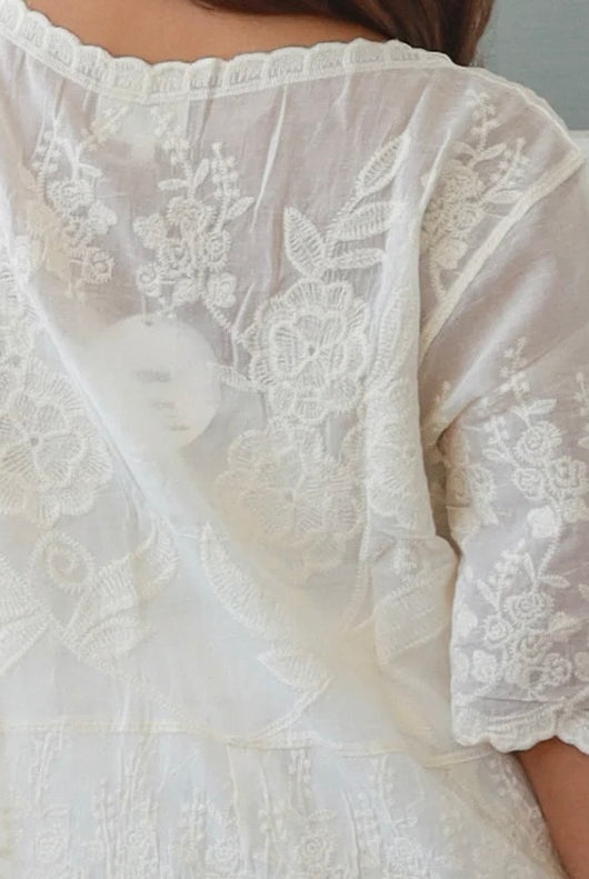 Madison embroidered cotton blouse cream with floral embroidery scalloped sleeves v-neck breathable bohemian top