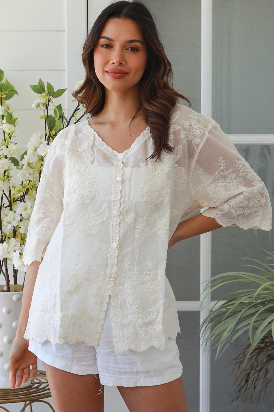 Madison embroidered cotton blouse cream with floral embroidery scalloped sleeves v-neck breathable bohemian top
