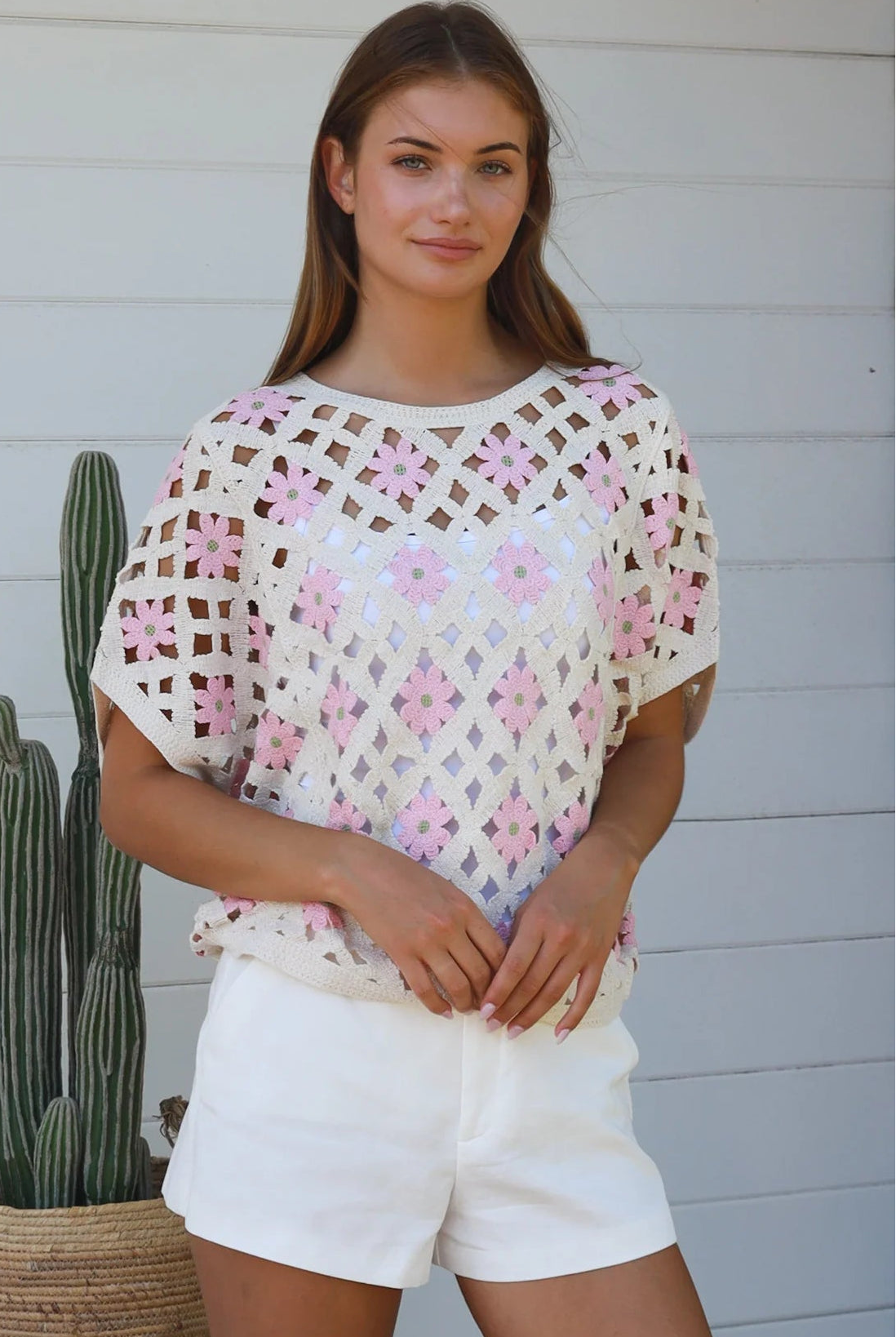 Cream + pink cotton crochet boho top with daisy squares — relaxed summer layering piece Australia.