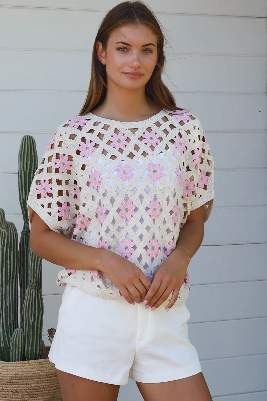Cream + pink cotton crochet boho top with daisy squares — relaxed summer layering piece Australia.