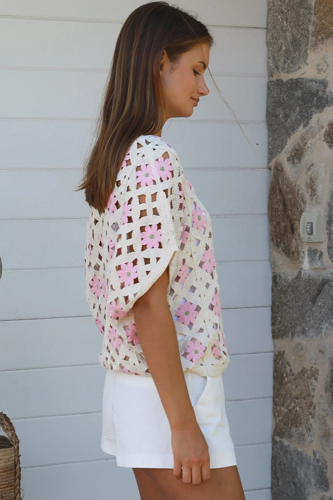Cream + pink cotton crochet boho top with daisy squares — relaxed summer layering piece Australia.
