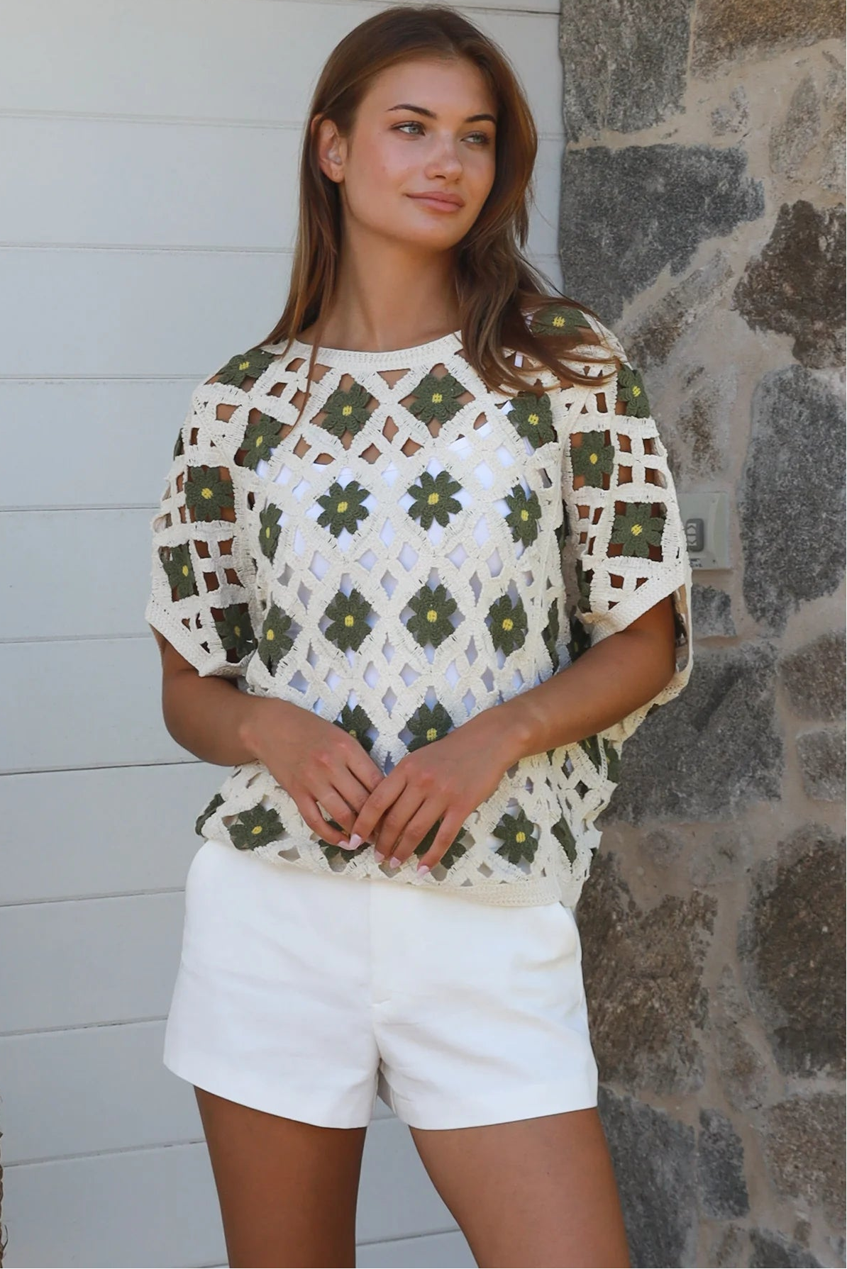 Khaki cotton crochet top with floral detail styled for modern boho elegance — Willow The Label at Bohemian Love Runway