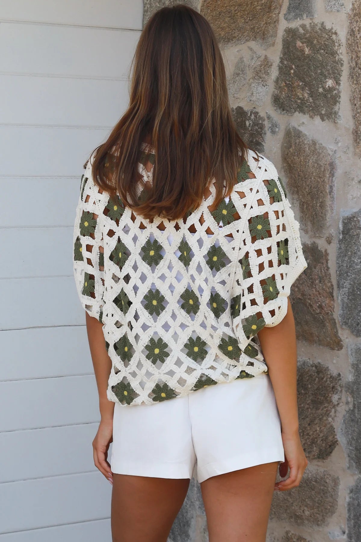 Khaki cotton crochet top with floral detail styled for modern boho elegance — Willow The Label at Bohemian Love Runway