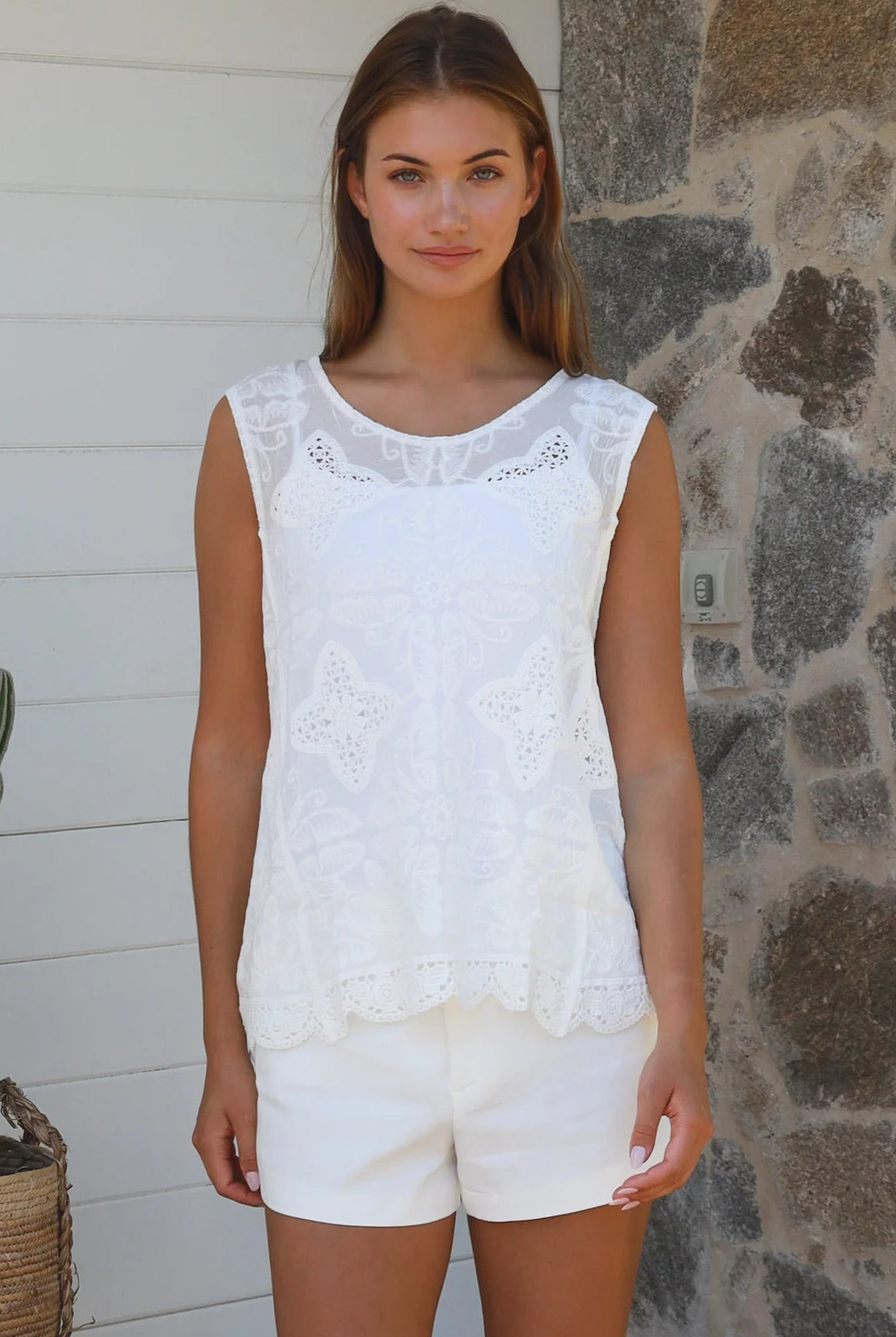 White embroidered 100% cotton crochet top with fine crochet panels and scalloped lace hem by Willow the Label