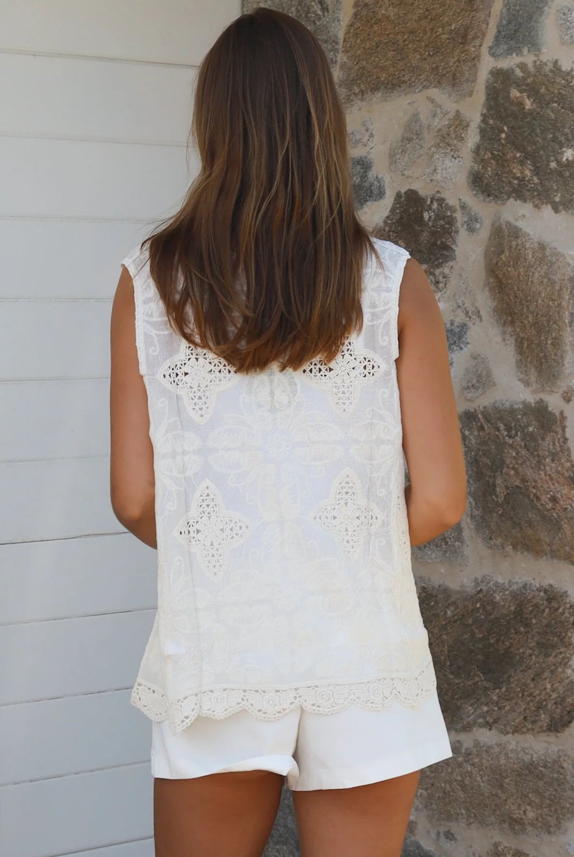 Cream embroidered cotton crochet sleeveless top with full lace hem by Willow the Label