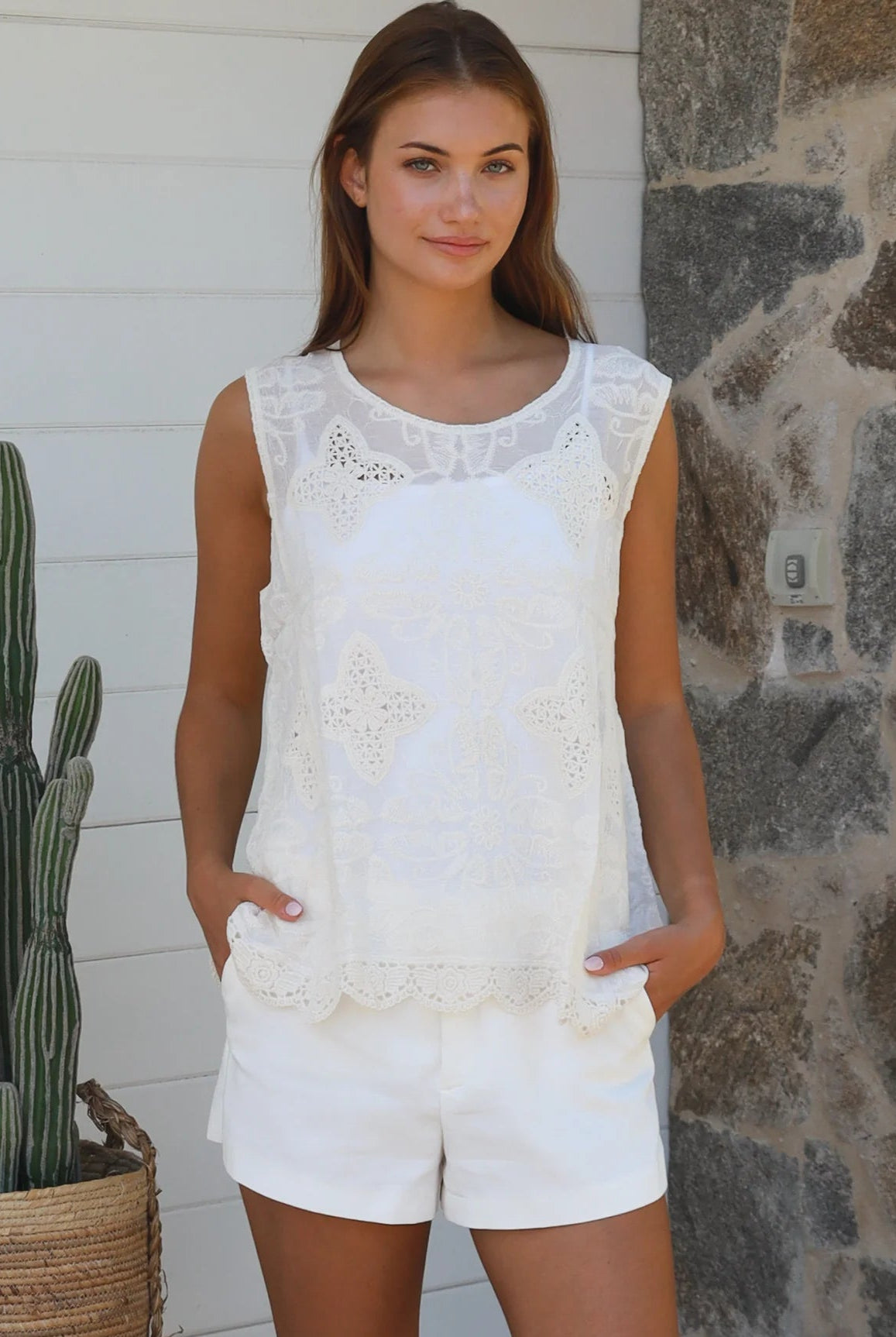Cream embroidered cotton crochet sleeveless top with full lace hem by Willow the Label