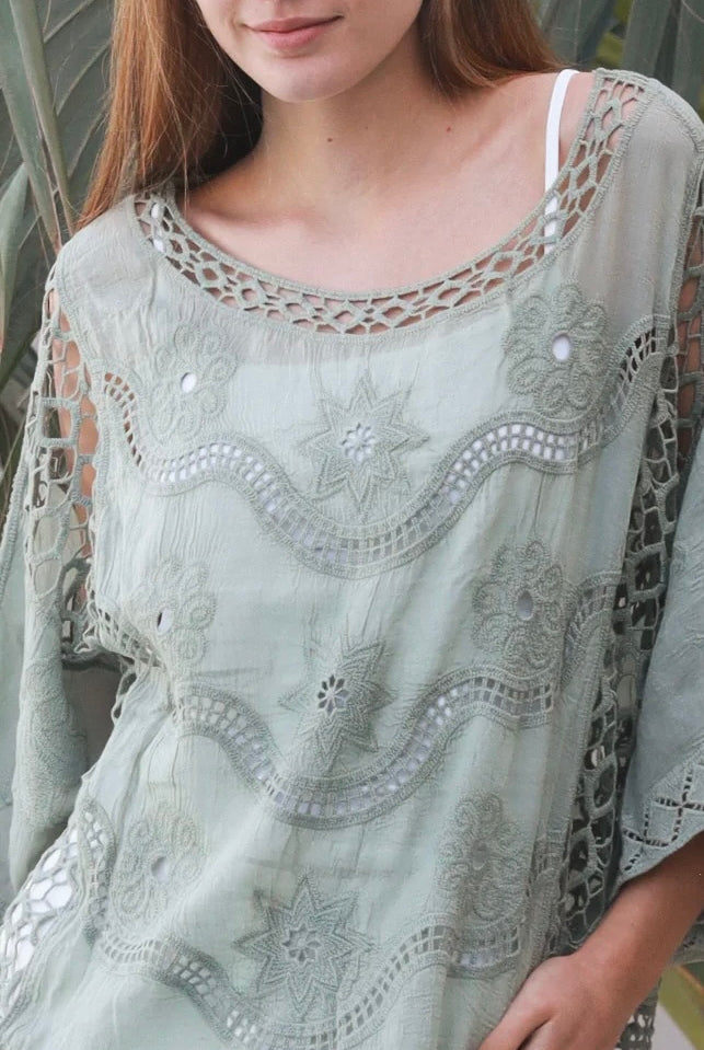 Lucy Sage embroidered cotton crochet top in sage by Willow the Label