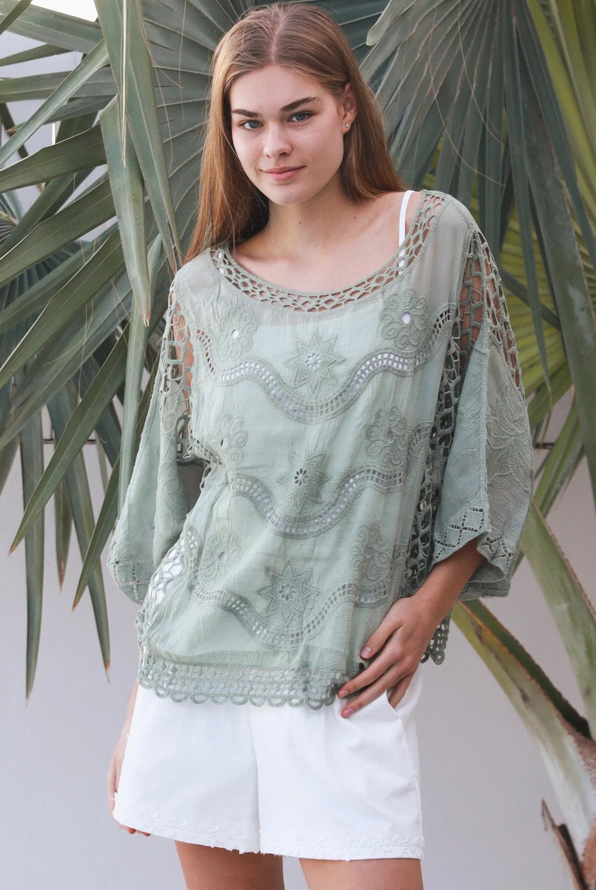 Lucy Sage embroidered cotton crochet top in sage by Willow the Label