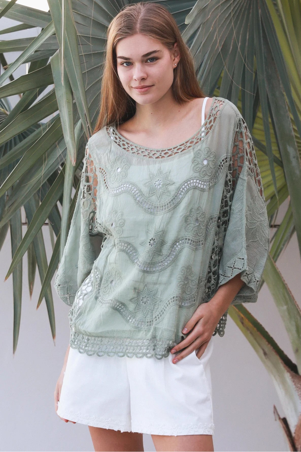 Lucy Sage embroidered cotton crochet top in sage by Willow the Label