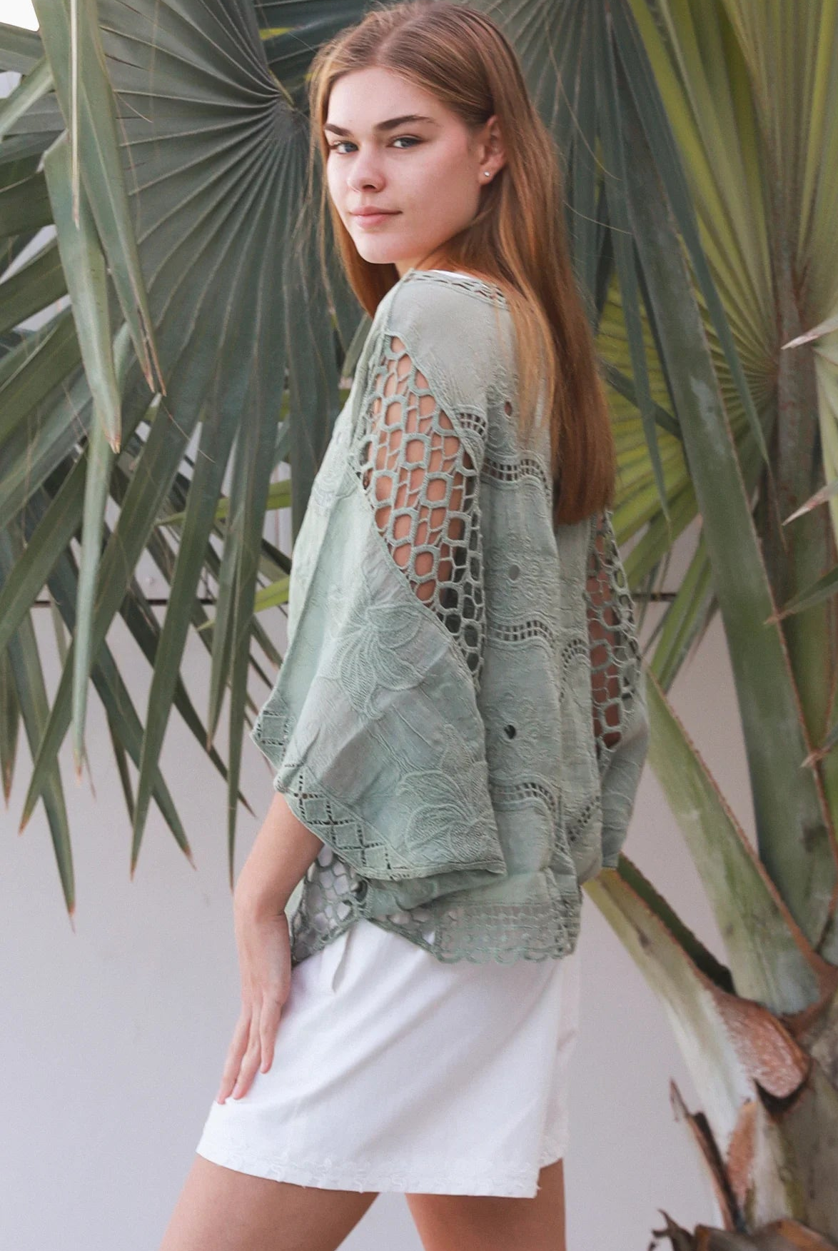 Lucy Sage embroidered cotton crochet top in sage by Willow the Label