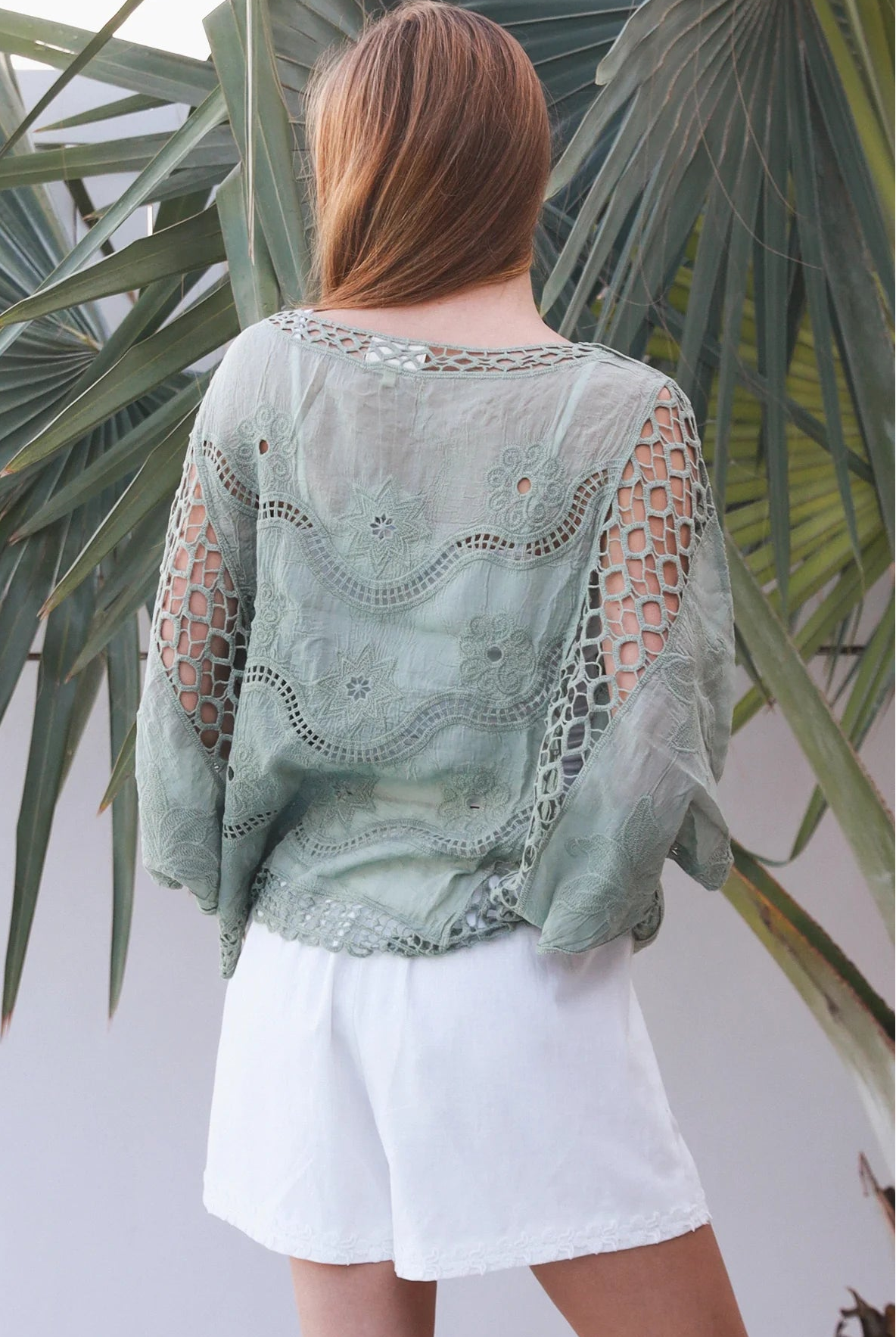 Lucy Sage embroidered cotton crochet top in sage by Willow the Label