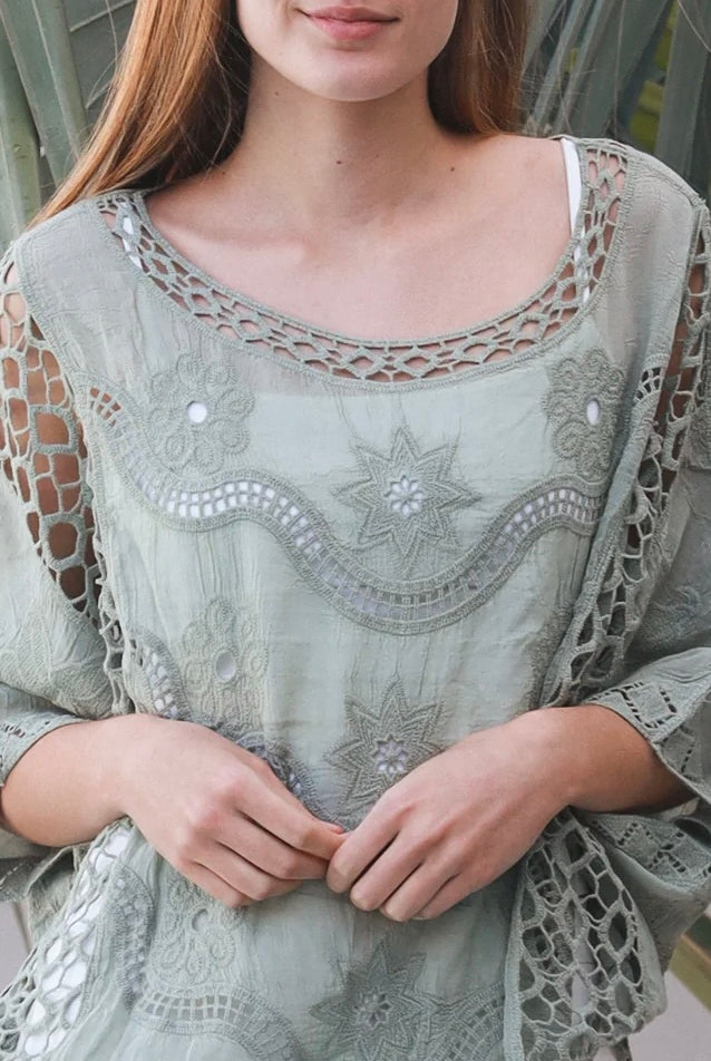 Lucy Sage embroidered cotton crochet top in sage by Willow the Label