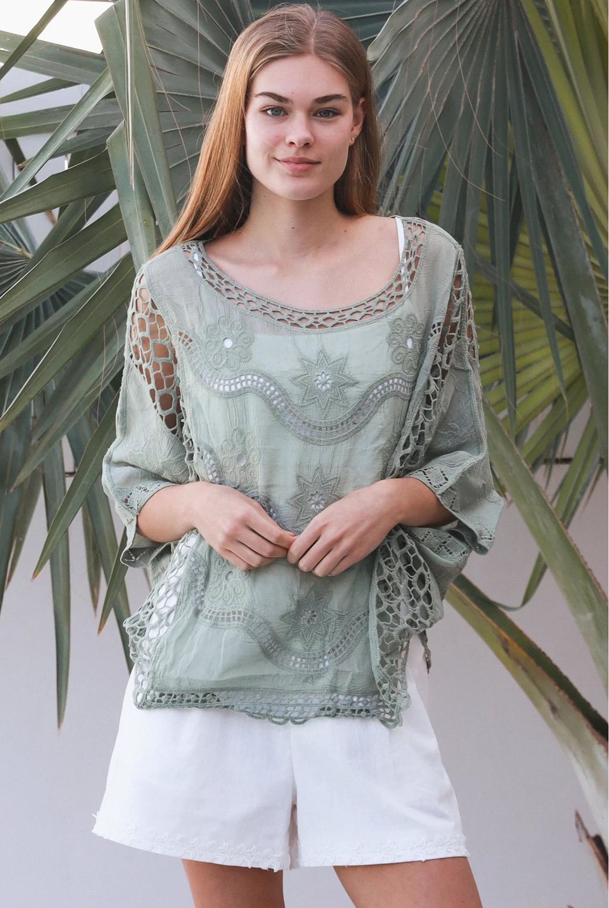 Lucy Sage embroidered cotton crochet top in sage by Willow the Label