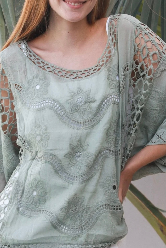Lucy Sage embroidered cotton crochet top in sage by Willow the Label