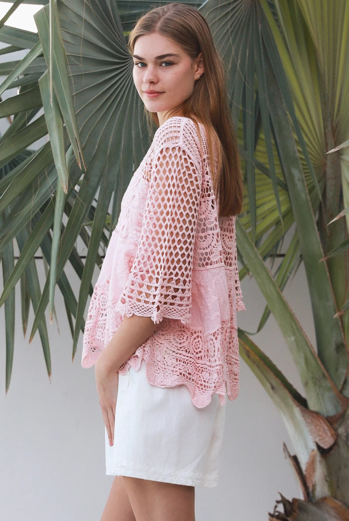 Rose embroidered cotton crochet boho blouse in blush by Willow the Label with floral embroidery, V-neck and scalloped crochet detailing.