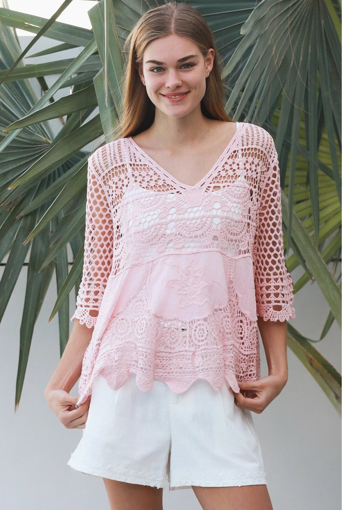 Rose embroidered cotton crochet boho blouse in blush by Willow the Label with floral embroidery, V-neck and scalloped crochet detailing.