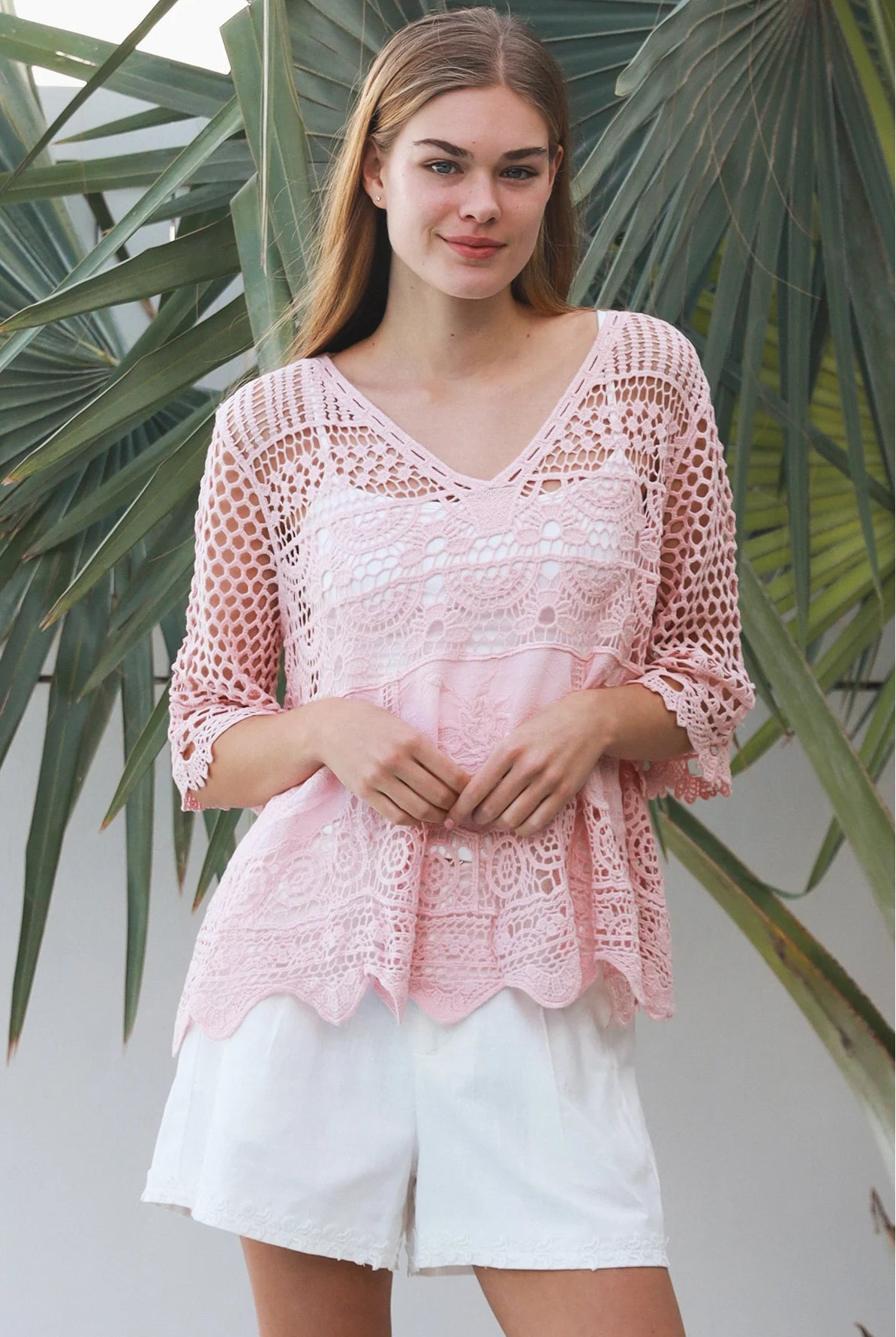Rose embroidered cotton crochet boho blouse in blush by Willow the Label with floral embroidery, V-neck and scalloped crochet detailing.