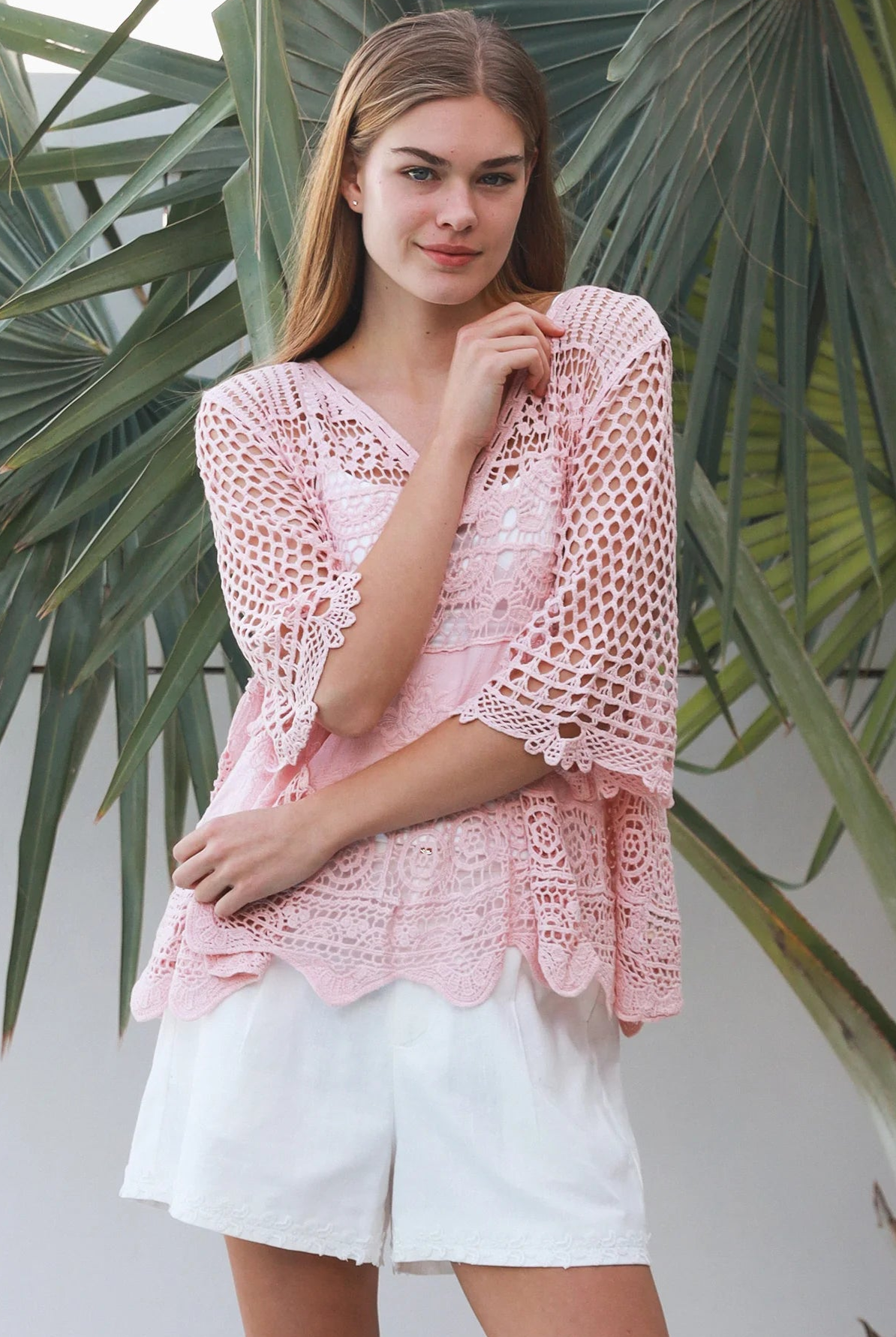 Rose embroidered cotton crochet boho blouse in blush by Willow the Label with floral embroidery, V-neck and scalloped crochet detailing.