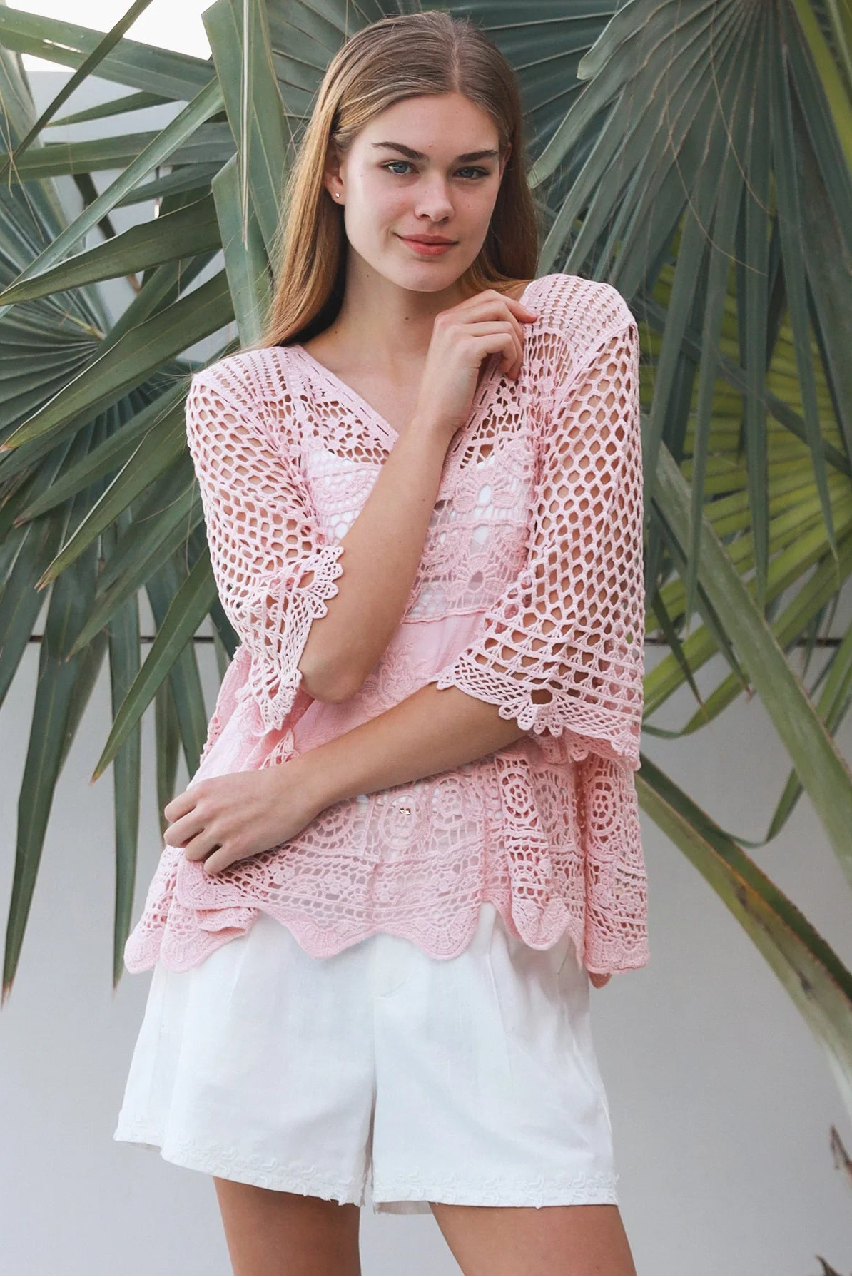 Rose embroidered cotton crochet boho blouse in blush by Willow the Label with floral embroidery, V-neck and scalloped crochet detailing.