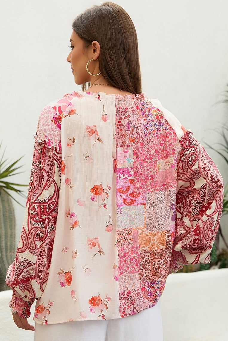 Boho woman in Sweet Dreams Fleur Blouse with patchwork florals and balloon sleeves - Bohemian Tops Australia Bohemian Love Runway.