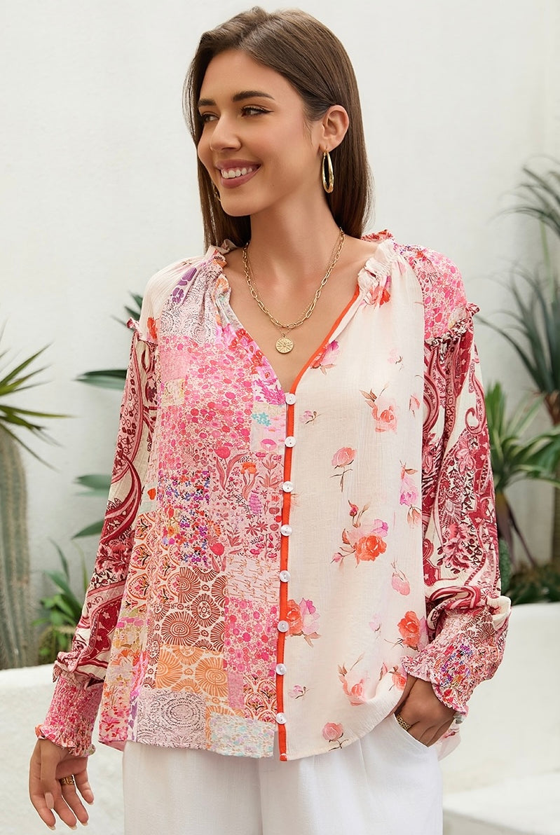 Boho woman in Sweet Dreams Fleur Blouse with patchwork florals and balloon sleeves - Bohemian Tops Australia Bohemian Love Runway.