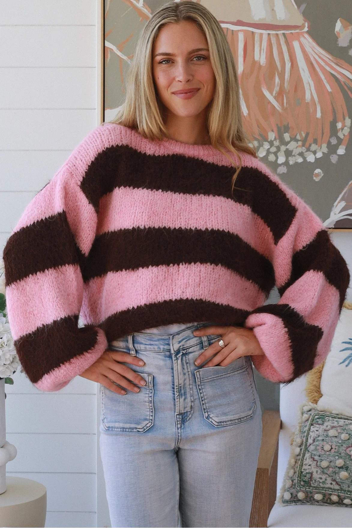 Pink chocolate striped chunky knit jumper round neckline drop shoulder balloon sleeve ribbed hem hip length winter knit Australia