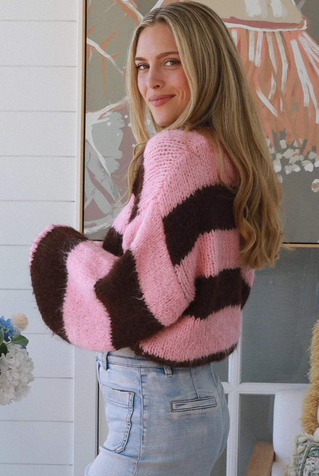 Pink chocolate striped chunky knit jumper round neckline drop shoulder balloon sleeve ribbed hem hip length winter knit Australia