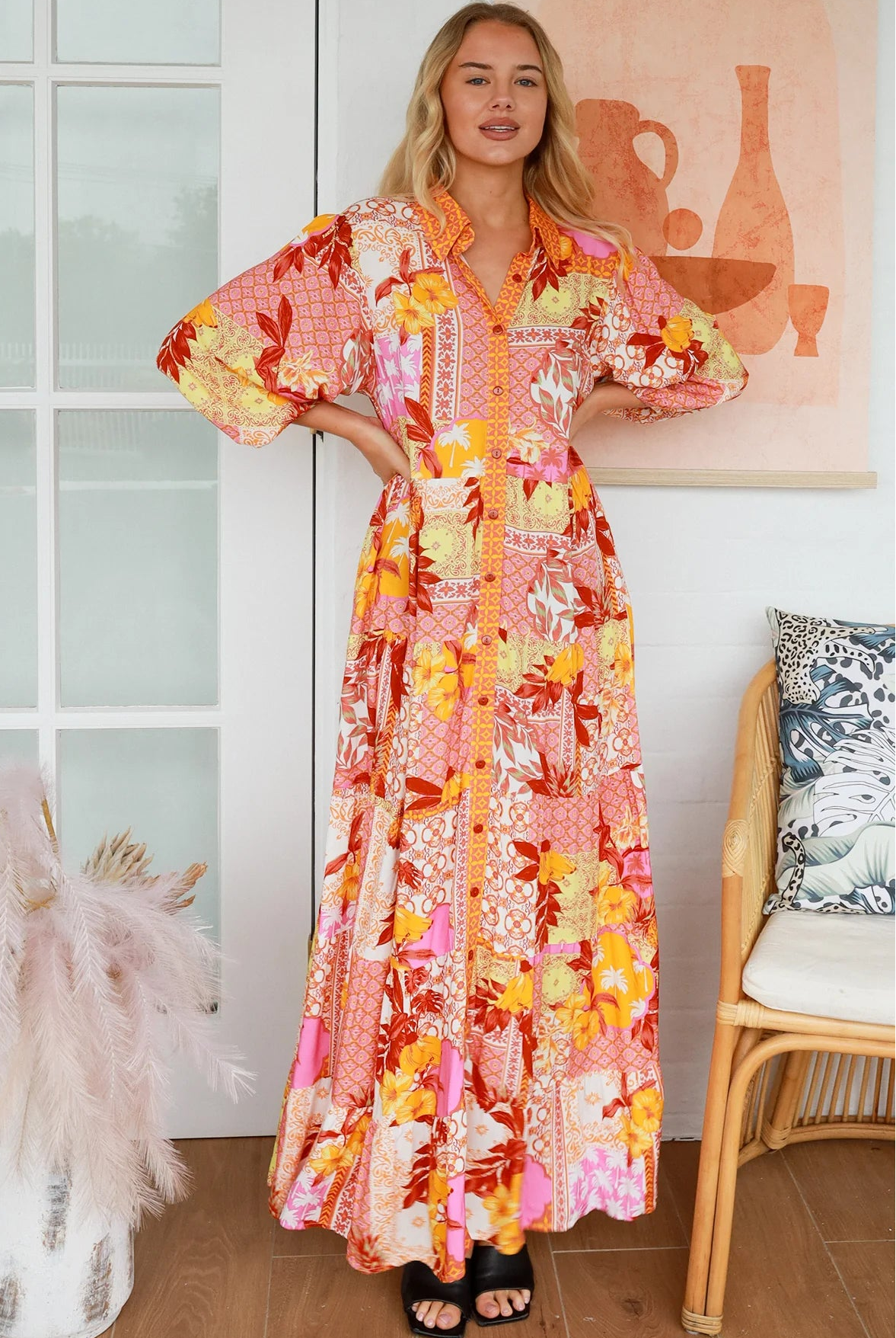 Jacqueline Floral Maxi Dress by Salty Palm in coral pink patchwork floral print with sash, pockets and button-through front