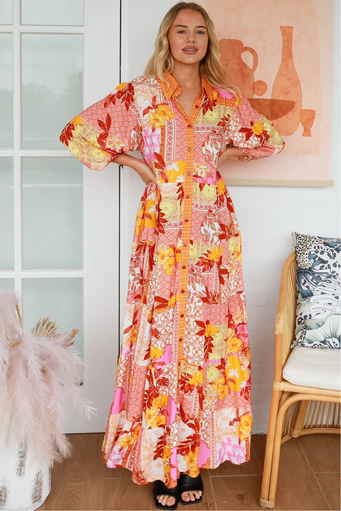 Jacqueline Floral Maxi Dress by Salty Palm in coral pink patchwork floral print with sash, pockets and button-through front