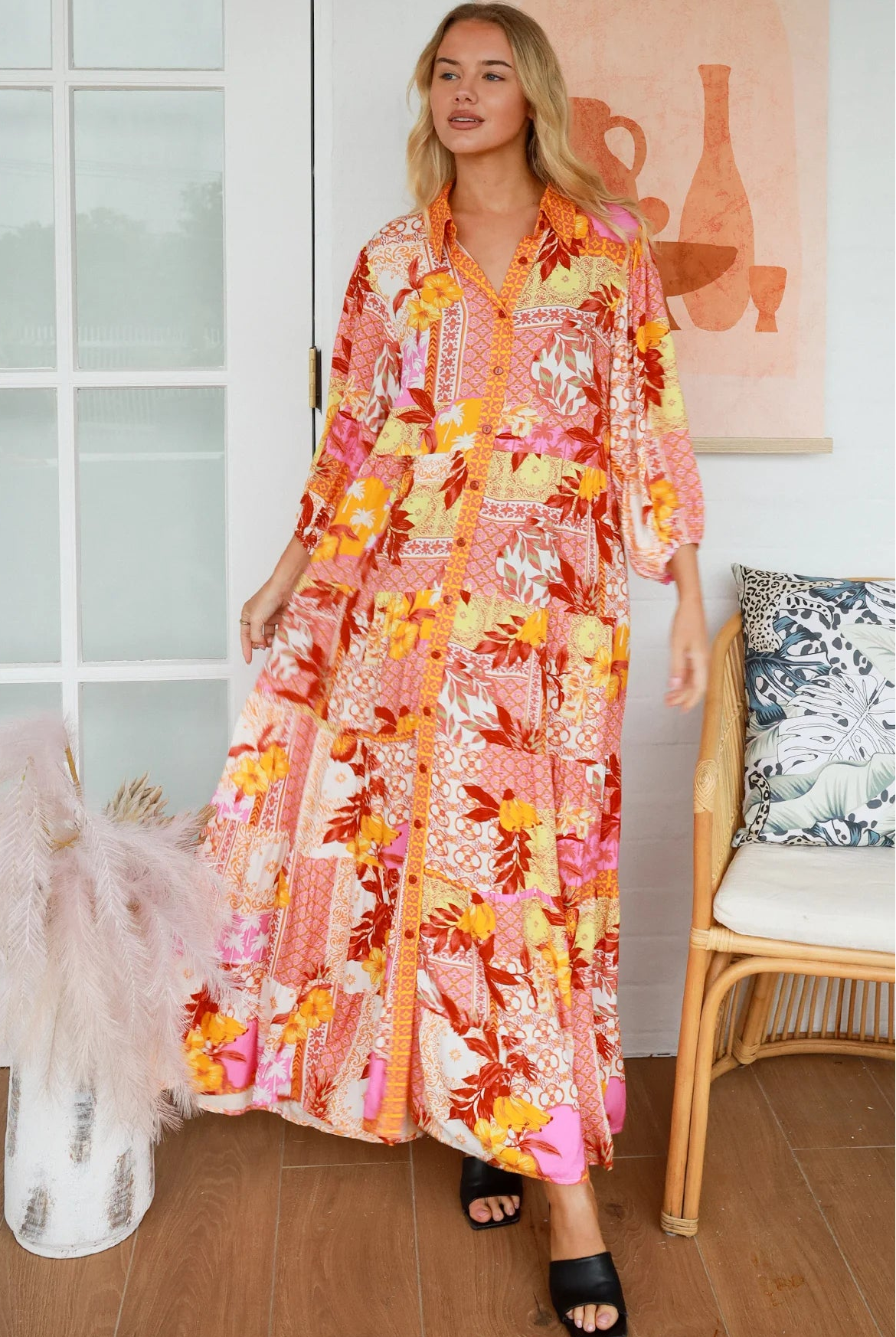 Jacqueline Floral Maxi Dress by Salty Palm in coral pink patchwork floral print with sash, pockets and button-through front