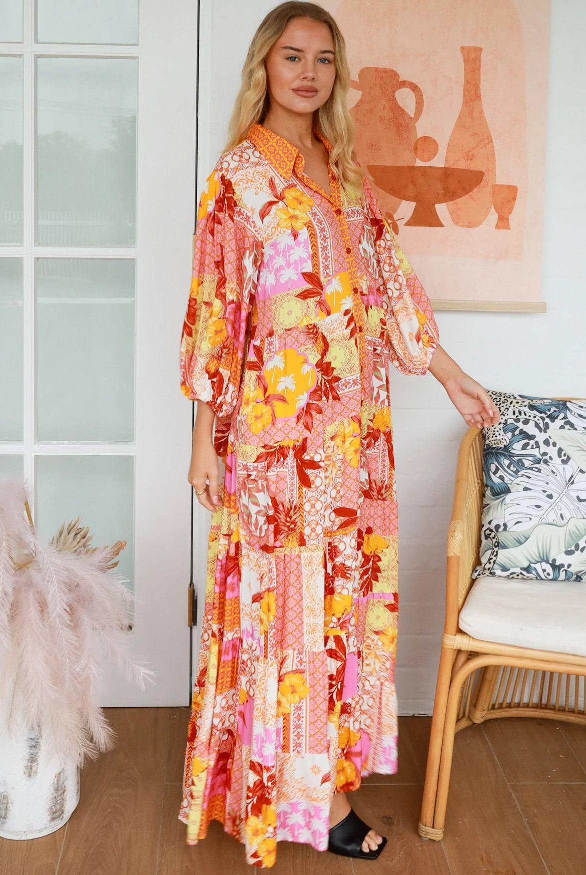 Jacqueline Floral Maxi Dress by Salty Palm in coral pink patchwork floral print with sash, pockets and button-through front