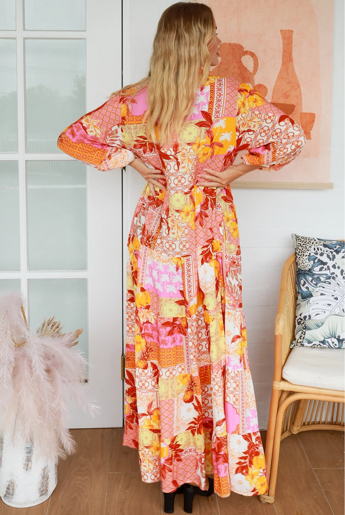 Jacqueline Floral Maxi Dress by Salty Palm in coral pink patchwork floral print with sash, pockets and button-through front