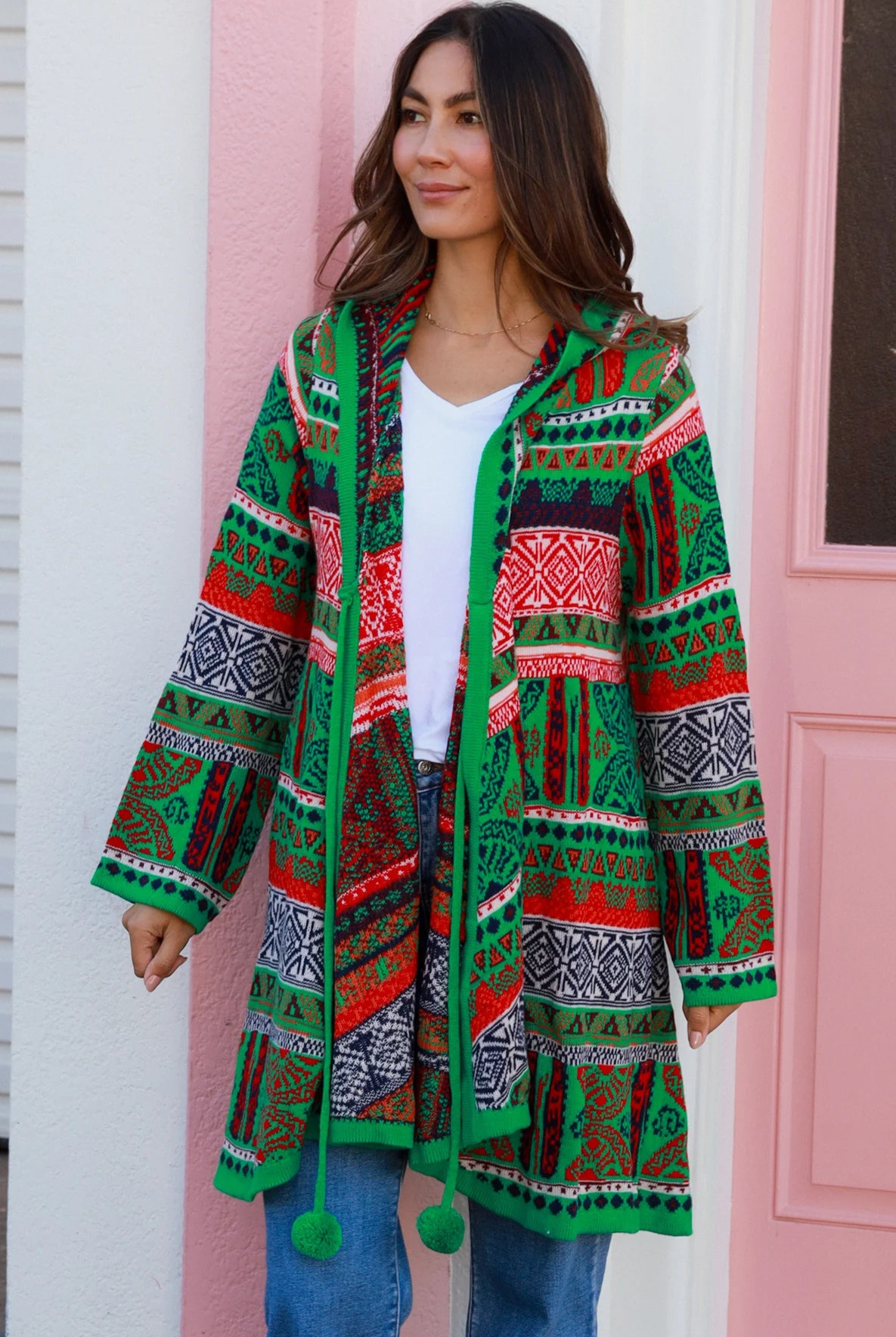 ISABELLA | AZTEC SWING KNIT HOODIE JACKET EMERALD | Bohemian Love Runway