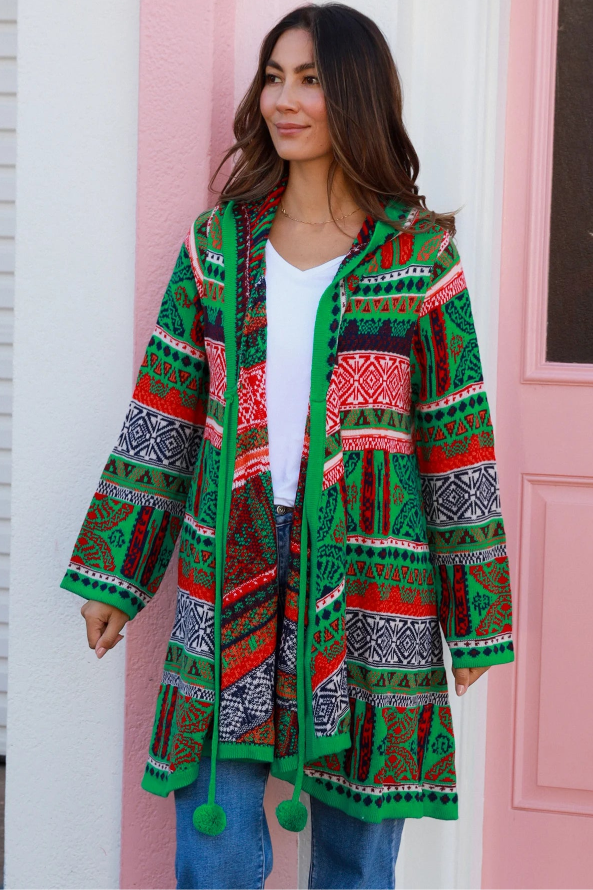 ISABELLA | AZTEC SWING KNIT HOODIE JACKET EMERALD | Bohemian Love Runway
