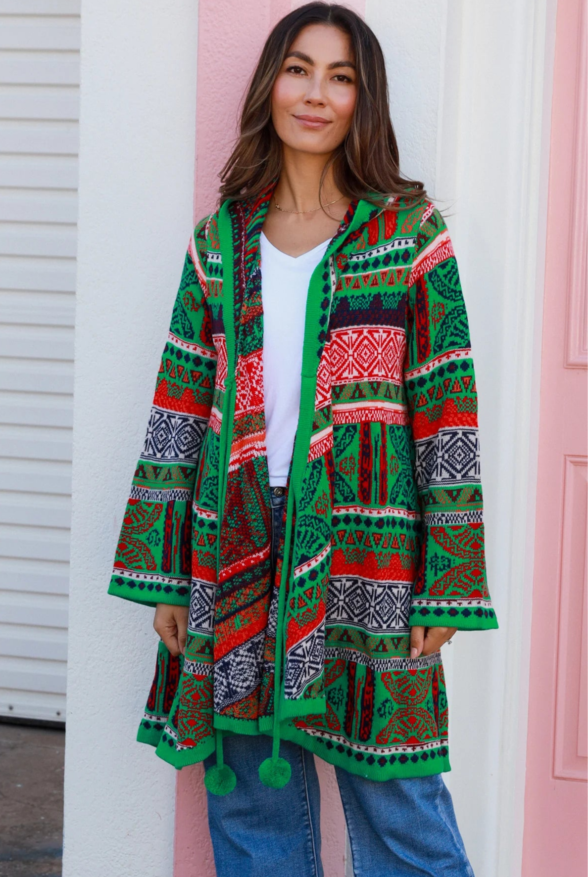 ISABELLA | AZTEC SWING KNIT HOODIE JACKET EMERALD | Bohemian Love Runway