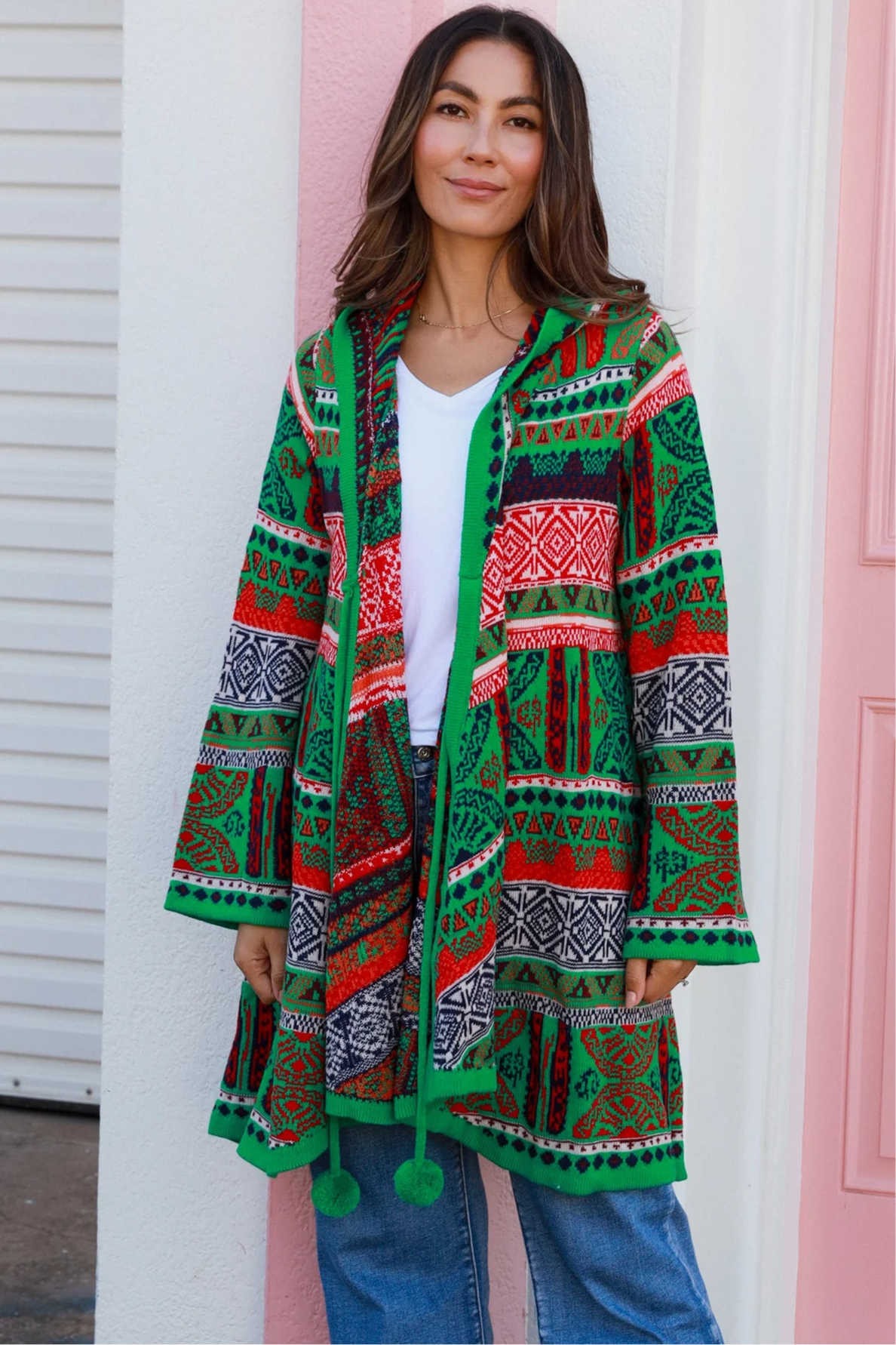 ISABELLA | AZTEC SWING KNIT HOODIE JACKET EMERALD | Bohemian Love Runway