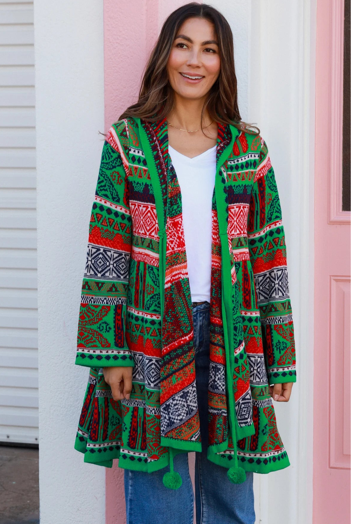 ISABELLA | AZTEC SWING KNIT HOODIE JACKET EMERALD | Bohemian Love Runway