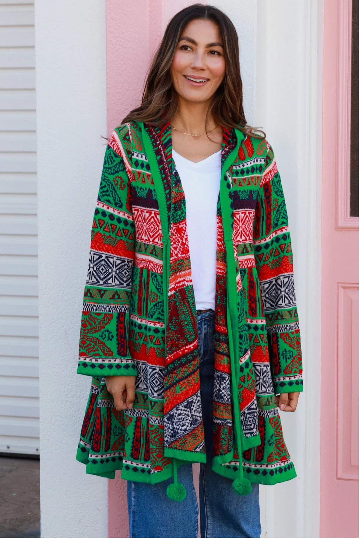 ISABELLA | AZTEC SWING KNIT HOODIE JACKET EMERALD | Bohemian Love Runway