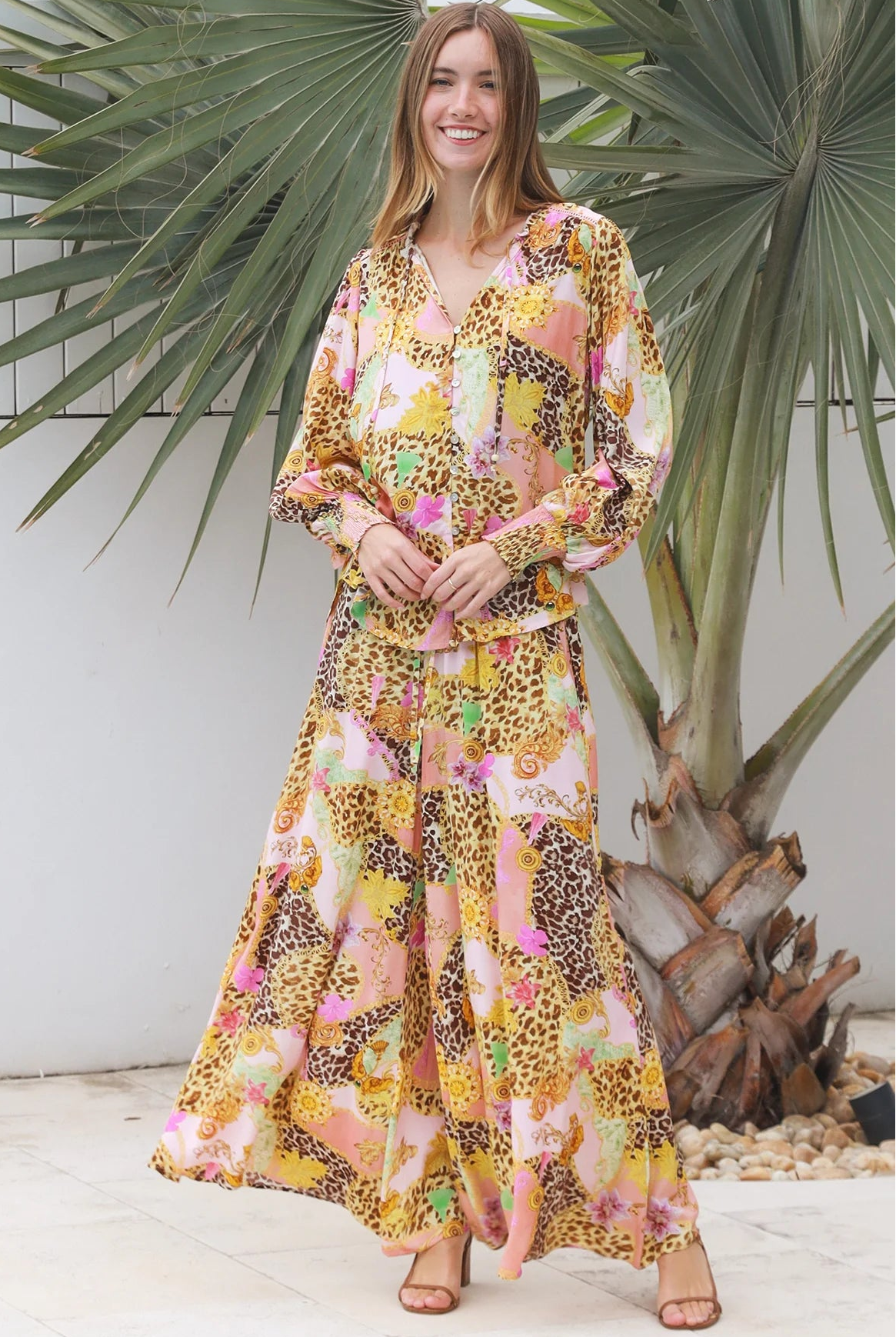 Vera Pant in rayon with patchwork animal and floral print, wide-leg boho pants with elastic waist, Australia