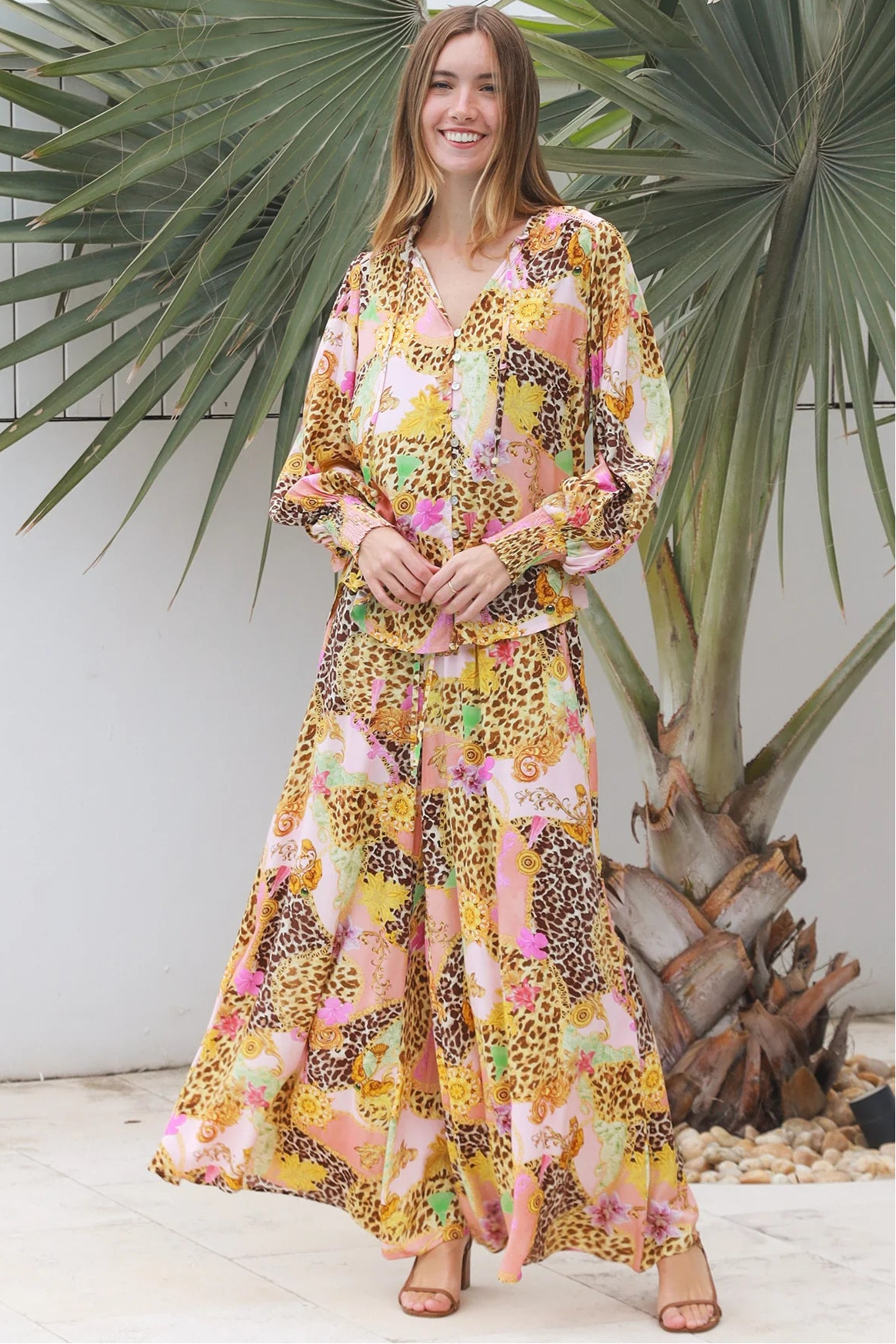 Vera Pant in rayon with patchwork animal and floral print, wide-leg boho pants with elastic waist, Australia