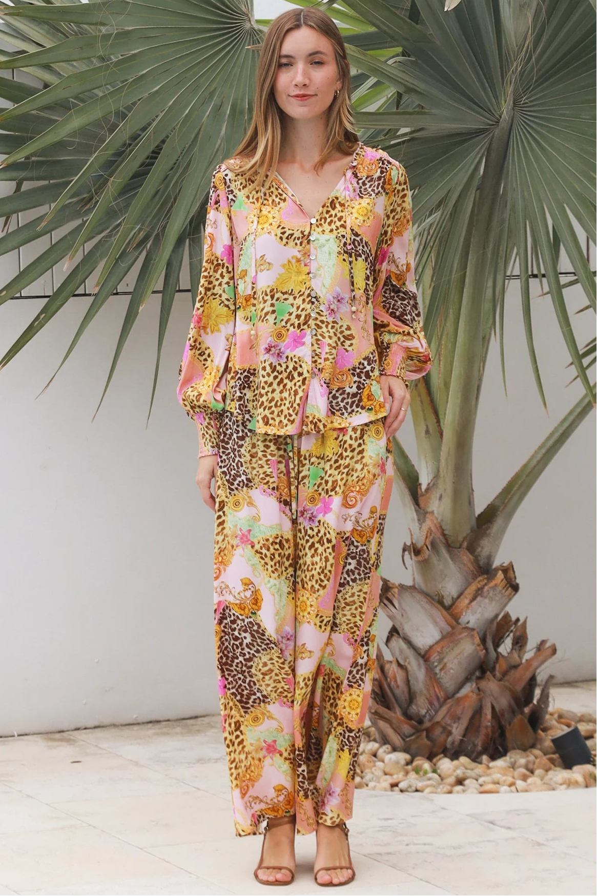 Vera Pant in rayon with patchwork animal and floral print, wide-leg boho pants with elastic waist, Australia