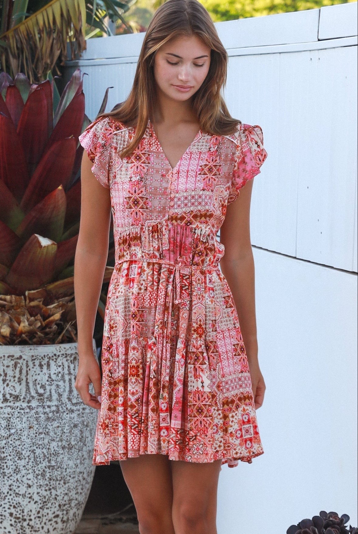 Camilla boho mini dress in rayon with button front empire waist flutter sleeves and tiered skirt Australian fashion