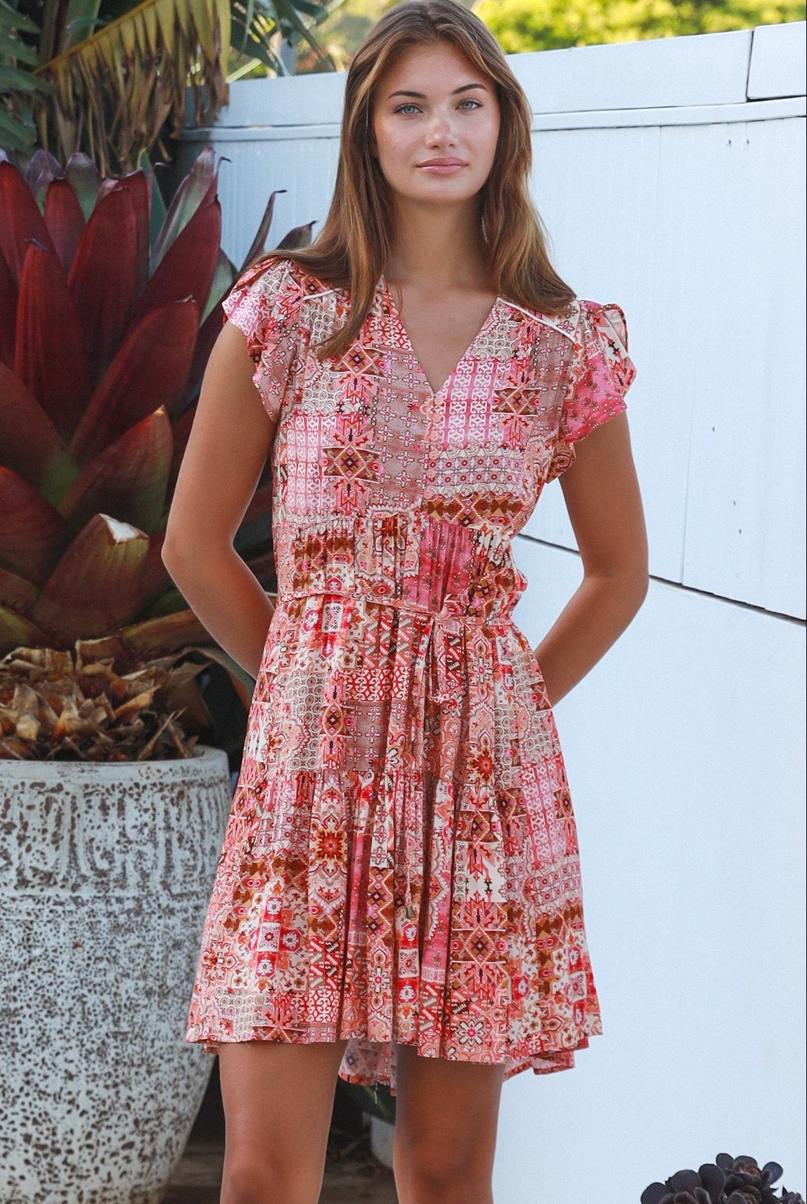 Camilla boho mini dress in rayon with button front empire waist flutter sleeves and tiered skirt Australian fashion