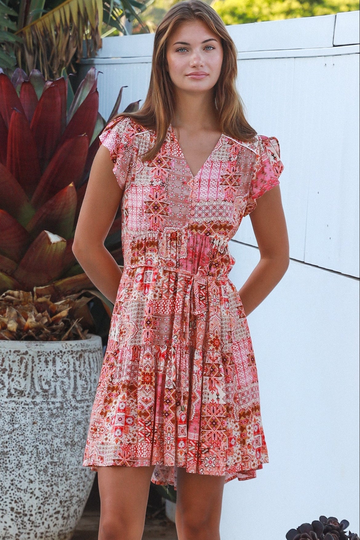 Camilla boho mini dress in rayon with button front empire waist flutter sleeves and tiered skirt Australian fashion