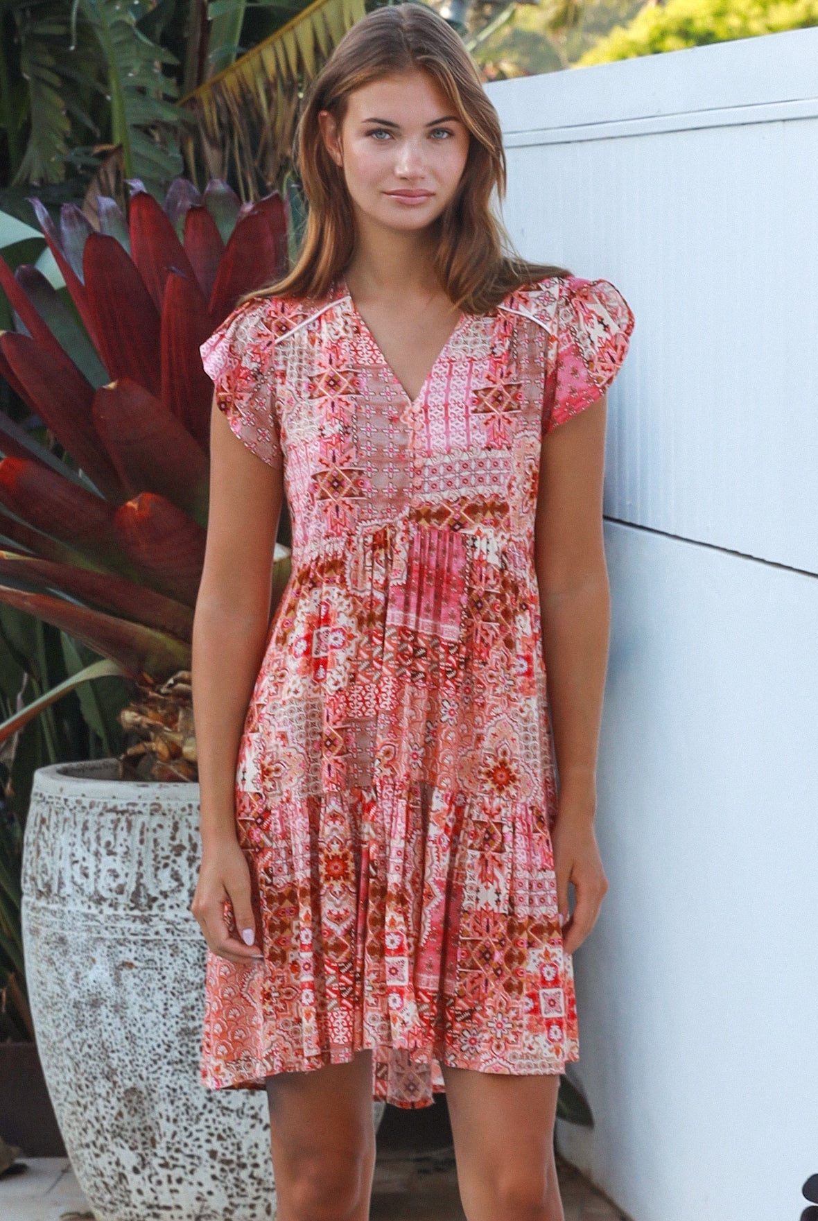 Camilla boho mini dress in rayon with button front empire waist flutter sleeves and tiered skirt Australian fashion